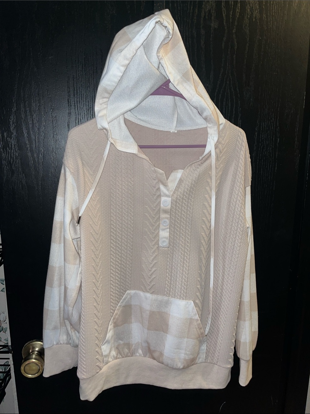 Cozy Cream Knit Hooded Pullover with Button Henley